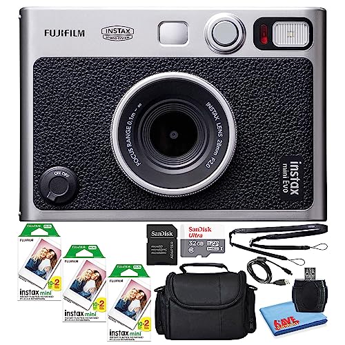 Fujifilm Instax Mini EVO Hybrid Instant Film Camera (Black) (16745183) Bundle with 60 Instant Film Sheets + 32GB Memory Card + Small Padded Case + SD Card Reader + Microfiber Cleaning Cloth
