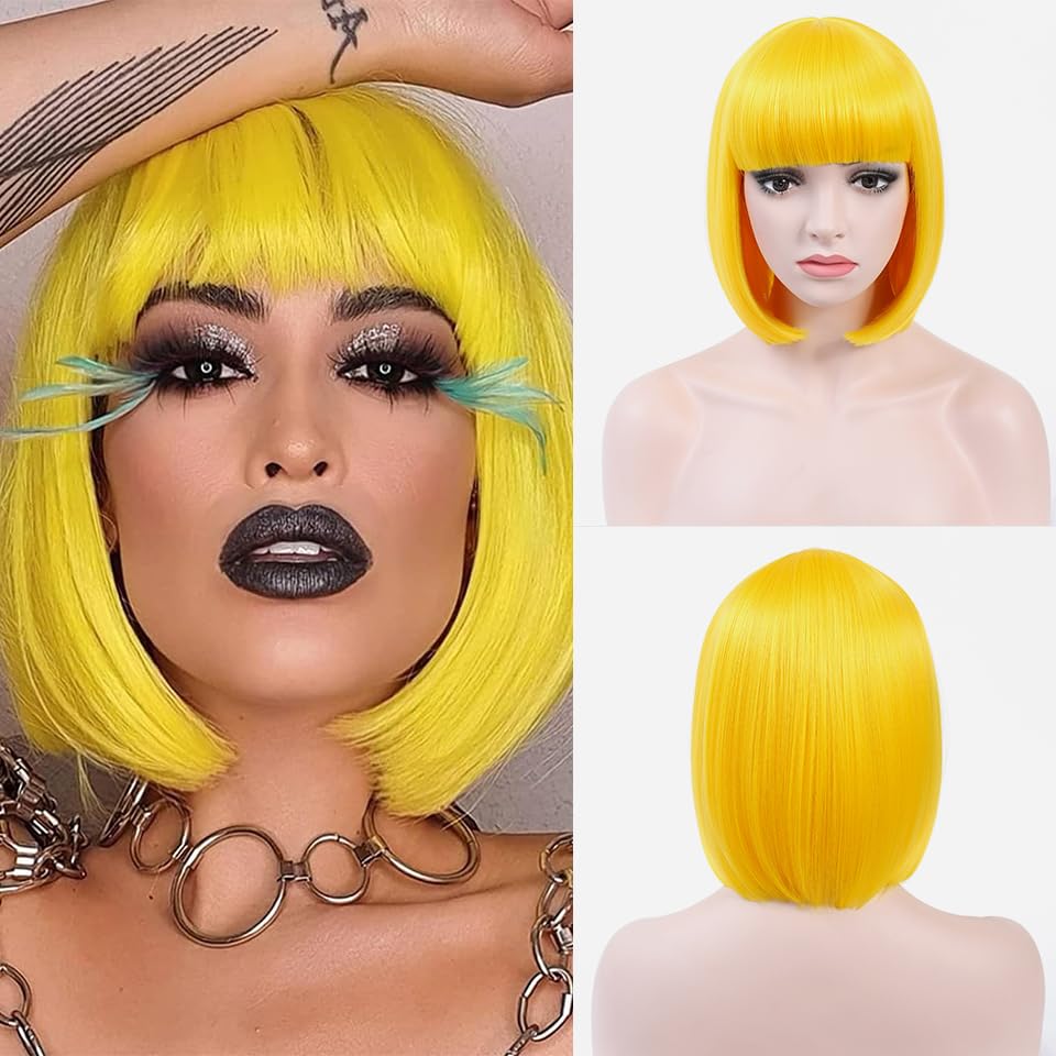 COSYMAY Short Yellow Wig 12'' Bright Yellow Wig with Bangs Yellow Bob Wig Synthetic Halloween Party Cosplay Wigs Average Size
