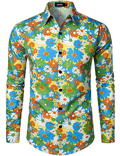 JOGAL Men's Flower Cotton Long Sleeve Casual Button Down Shirts (Multicolor, Large)