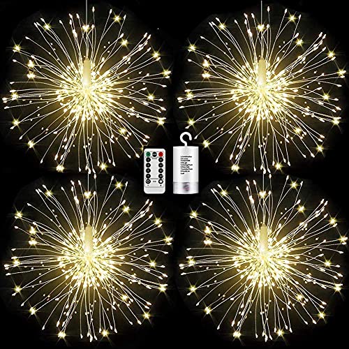 FOOING 4 Pack Firework Lights Led Copper Wire Starburst String Lights 8 Modes Battery Operated Fairy Lights with Remote,Wedding Christmas Decorative Hanging Lights for Party Patio Garden Decoration