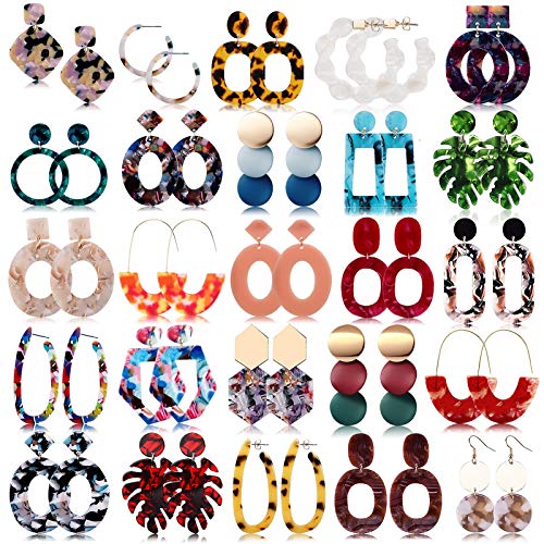 FIFATA 25 Pairs Acrylic Resin Statement Earrings Set for Women Girls Mottled Hoop Fashion Drop Dangle Jewelry Hypoallergenic for Sensitive Ears
