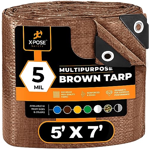 Multipurpose Protective Cover Brown Poly Tarp 5' x 7' - Durable, Water Resistant, Weather Resistant - 5 Mil Thick Polyethylene - by Xpose Safety