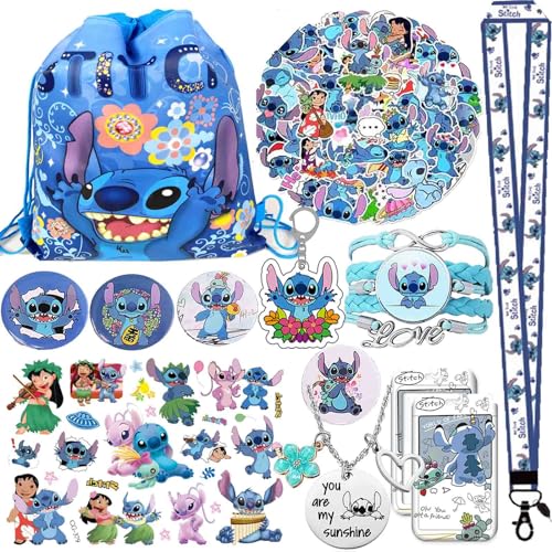 EMISOO Stitch Merchandise Stuff Gift Set for Girls, Stitch Anime Cartoon Drawstring Bag, Keychain Lanyard, Badge Card Holder, Bracelets, Necklace, Stickers, Button Pins, Temporary Tattoos