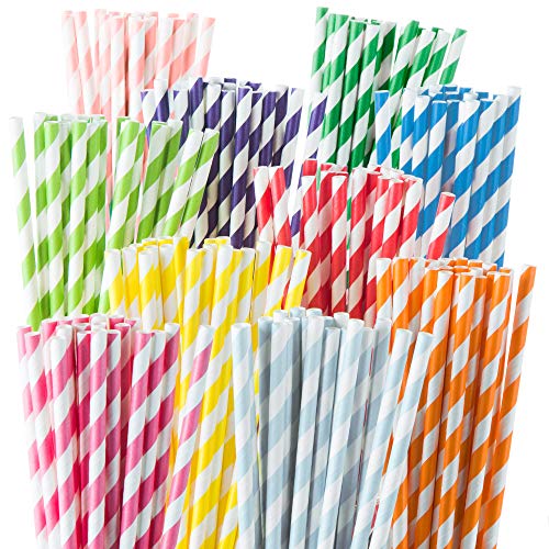 Weemium Paper Straws Disposable 200 Pack - Striped Straws in 10 Colors - Biodegradable, Durable and Eco friendly - Non-soggy Paper Straws for Drinking and Crafts