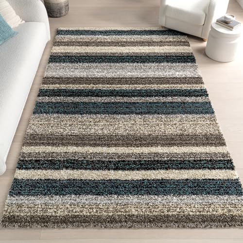 nuLOOM Drey Striped Shag Area Rug - 4x6 Shag Area Rug Casual Blue Multi/Brown Rugs for Living Room Bedroom Dining Room Nursery