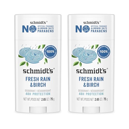 Schmidt's Aluminum-Free Vegan Deodorant Fresh Rain & Birch with 24 Hour Odor Protection, 2 Count for Women and Men, Natural Ingredients, Cruelty-Free, 2.65 oz