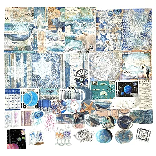 100 PCS Vintage Ephemera Pack Journaling Scrapbooking Supplies Scrapbook Sticker Paper Kit for Bullet Junk Journal Planners Collage Craft Notebooks Decoupage Album (Ocean)