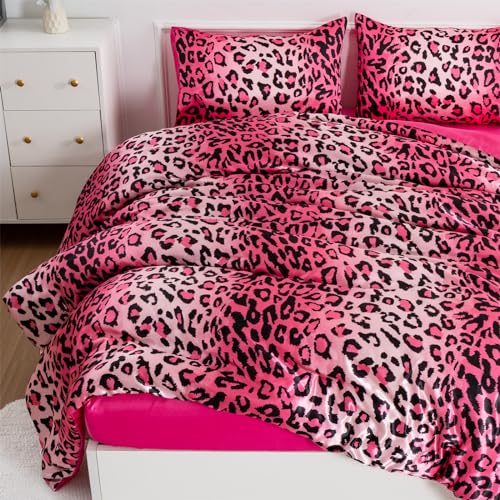 A Nice Night Leopard Printed，Satin Silky Soft Quilt Sexy Luxury Super Soft Microfiber Comforter Quilt Bedding Comforter Set Full/Queen, Light Weighted (Pink, Queen(88-by-88-inches))