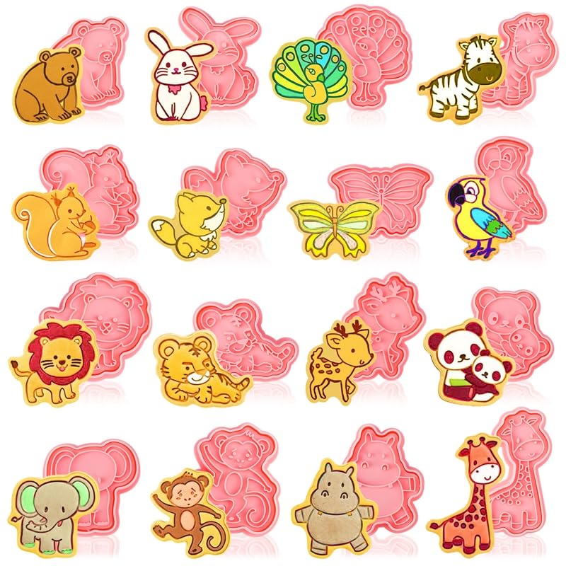 Jspupifip 16 Pack Animal Cookie Cutters Set, 3D Cookie Plunger Stamps Jungle Safari Animal Zoo Circus DIY Press Molds Baby Shower Cookie Cutters Party Baking Supplies Clay Biscuit Molds