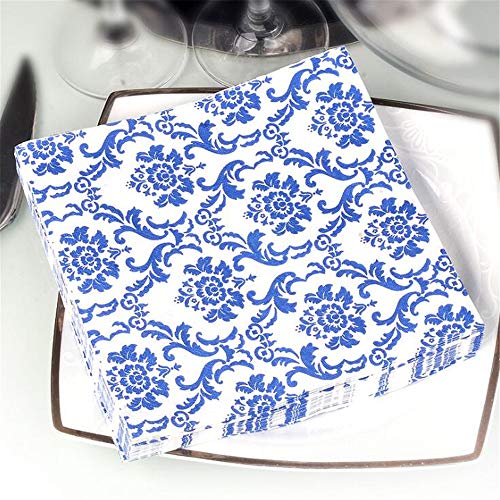 Blue Floral Cocktail Napkins For Wedding Party Birthday With 2 Layers, Paper Luncheon Napkin, 13x13 Inch, 20 Count