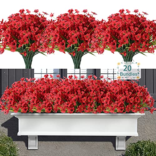 Satefello 20 Bundles Artificial Flowers for Outdoors, UV Resistant Fake Flowers Plants, Faux Silk Flowers for Outside Window Box Front Porch Hanging Planter Decor-Red