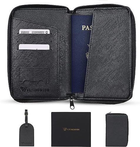 RFID Blocking Waterproof Passport Holder & Luggage Tag Set with Zipper Closure & Sim Pockets | Lightweight PU Leather Passport Wallet for Men & Women | Travel Wallet Organizer | Black