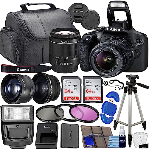 Canon EOS 2000D / Rebel T7 DSLR Camera w/EF-S 18-55mm f/3.5-5.6 Lens 3 Lens Kit Bundled with 128GB Memory + Wide Angle Lens + Telephoto Lens + Flash + More (Renewed)