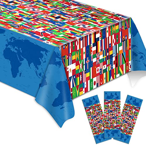 3 Pieces International Flag Tablecover World Flag Party Tablecloth Decorations Disposable Plastic Table Cover Birthday Party Decor Supplies Favors Outdoor Indoor