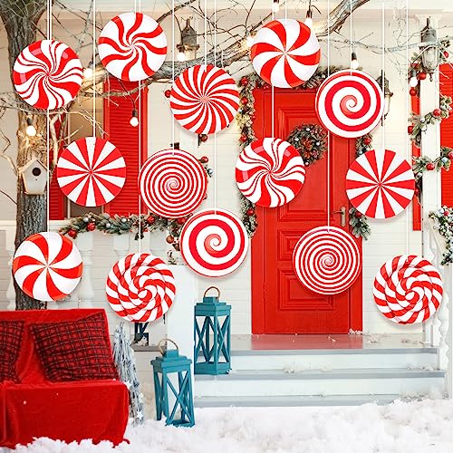 Ferraycle 16 Pcs Christmas Candy Ornaments Hanging Double Sided Peppermint Candy Tree Decor Porch and Tree Giant Candy Props for Xmas Home Office Yard Lawn Decor, 16 Styles (Candy Style)