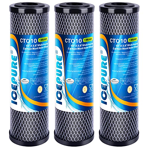 ICEPURE 1 Micron 2.5' x 10' Whole House CTO Carbon Sediment Water Filter Cartridge Compatible with DuPont WFPFC8002, WFPFC9001, SCWH-5, WHCF-WHWC, WHCF-WHWC, FXWTC, CBC-10, RO Unit, Pack of 3