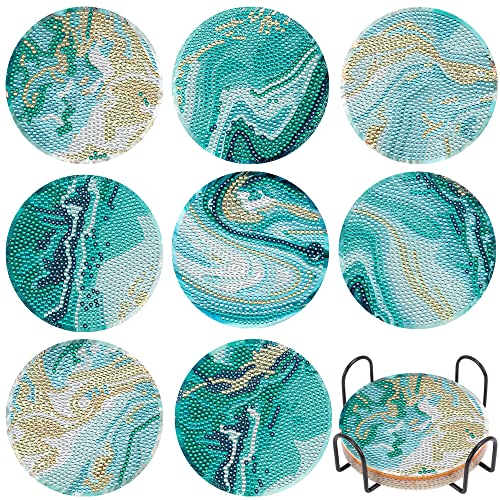 8 Pcs Diamond Painting Coasters with Holder, DIY Teal Marble Ocean Diamond Art Coasters for Drinks Diamond Painting Kits for Beginners, Diamond Art Kits Craft Supplies for Adults Kids, Coasters Gift
