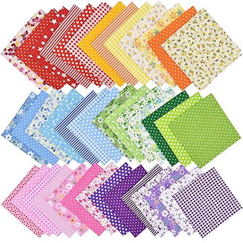 42Pcs 10'x10' Quilting Cotton Fabric Squares Sheets Pre-Cut Multi-Color Design Printed Floral Craft Fabric for DIY Sewing Scrapbooking Quilting Craft Patchwork (Red/Pink/Yellow/Green/Blue/Purple)