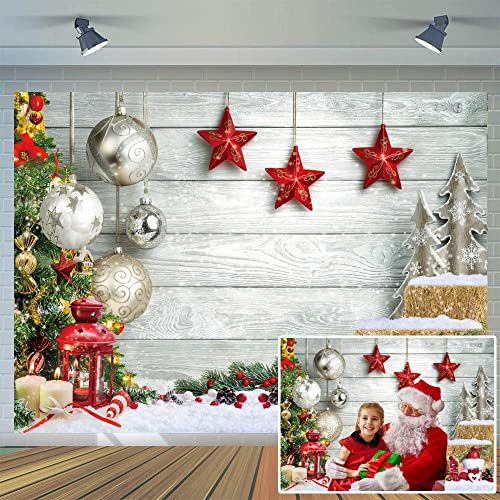 CYLYH 7X5FT Christmas Backdrop White Wood Floor Photography Backdrop Winter Snow Christmas Balls Xmas Tree Gift Family Party Photo Background New Year Party Banner Backdrop D551