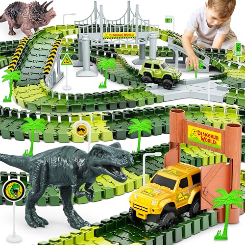 Dinosaur Tracks, 271 PCS Create A Dinosaur World Road Race for Kids Boys Toys Flexible Train Tracks Set with 2 Cool Race Cars and 2 Dinosaur Toys for Age 3 4 5 6 7 8 Year & Up Old Boy Girls Best Gift