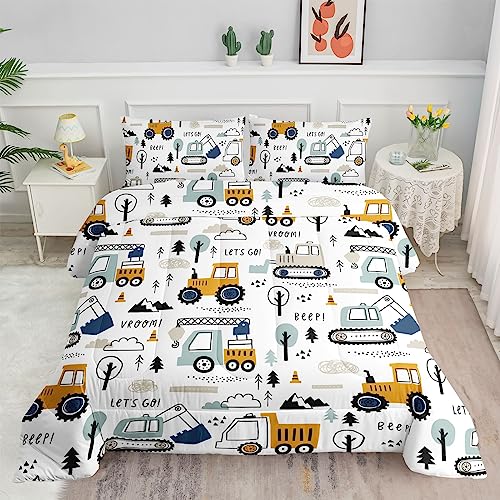 Datura home Kids Cartoon Excavator Bedding Comforter Sets for Boy and Girls,Construction Truck Bulldozer Tree Pattern Comforter Set with 2 Pillowcase and 1 Comforter(Excavator Twin)