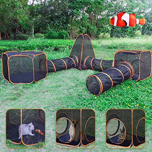 6-in-1 Outdoor Cat House, Tent with Tunnels for Indoor & Outdoor Cats, Cat Enclosures, Portable Pet Playpen for Rabbits Ferrets Puppy and Small Animals