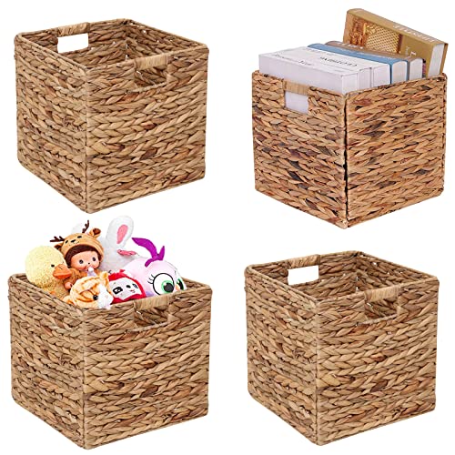 JGJCYO9 Storage Baskets Wicker Cube Baskets Foldable Handwoven Water Hyacinth Laundry Organizer,Set of 4 pcs Baskets-11x11x11inch