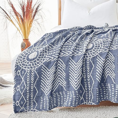 JINCHAN Boho 100% Cotton Blanket Muslin Lightweight Twin Size Throw Blanket for Couch Soft Cozy All Season Blanket 3-Layer Throw Cotton Coverlet Blanket for Bedroom Living room Decor Blue 60x80 Inches