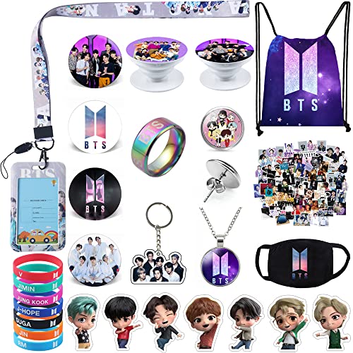 eTel Like BTS Gifts Set, Including Drawstring Bag Backpack, Necklace, Earrings, Rings, Bracelets, Face M-asks, Button Pins, Lanyard ID Holder, Keychain, Phone Ring Holder, Stickers