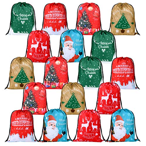 KUUQA 18Pcs Christmas Drawstring Gift Bags Santa Sack Christmas Goody Treats Bags Wrapping Gift Bags Bulk for Christmas Party Favors