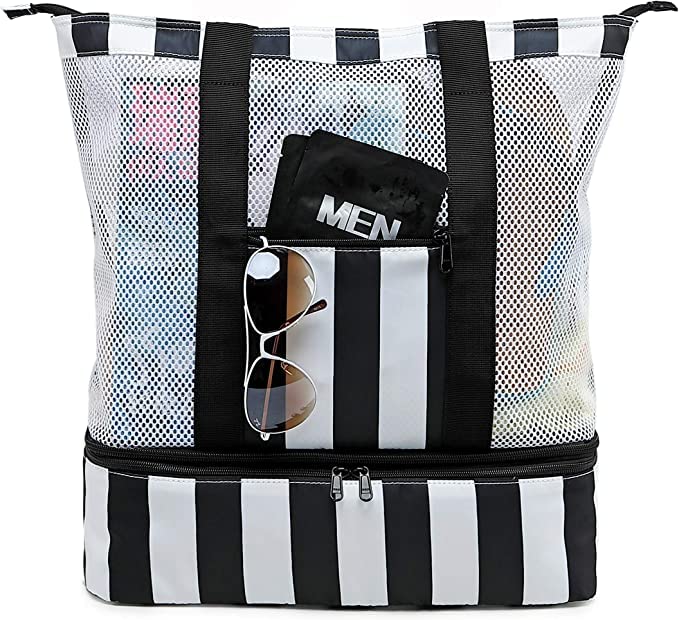 Beach Tote Bag with Detachable Cooler Compartment Insulated Picnic Cooler Bag Pool Bag for Women Men Travel Shoulder Tote Bag (Black) One_Size