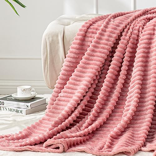 BEDELITE Fleece Throw Blanket for Couch – 3D Ribbed Jacquard Soft and Warm Decorative Fuzzy Blanket – Cozy, Fluffy, Plush Lightweight Pink Throw Blankets for Bed, Sofa, 50x60 inches