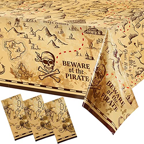 Pirate Party Tablecloth Treasure Map Tablecover Plastic Island Treasure Table Covers Pirate Nautical Party Supplies for Treasure Theme Birthday Party Decoration, 54 x 108 Inches (3 Pieces)