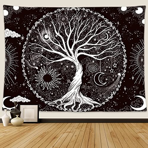Wonrizon Tree of Life Tapestry,Black and White Galaxy Space Tapestries Aesthetic Psychedelic Wall Hanging decor for Living Room Bedroom (51.2' x 59.1')