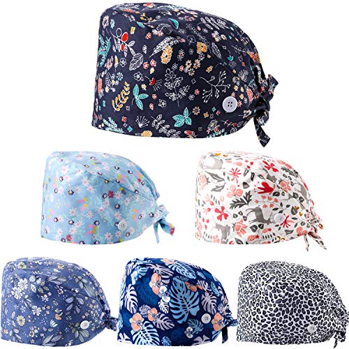 6 Pieces Women Scrub Caps Surgical Caps with Buttons Working Cap Adjustable Sweatband Bouffant Hats Multicoloured