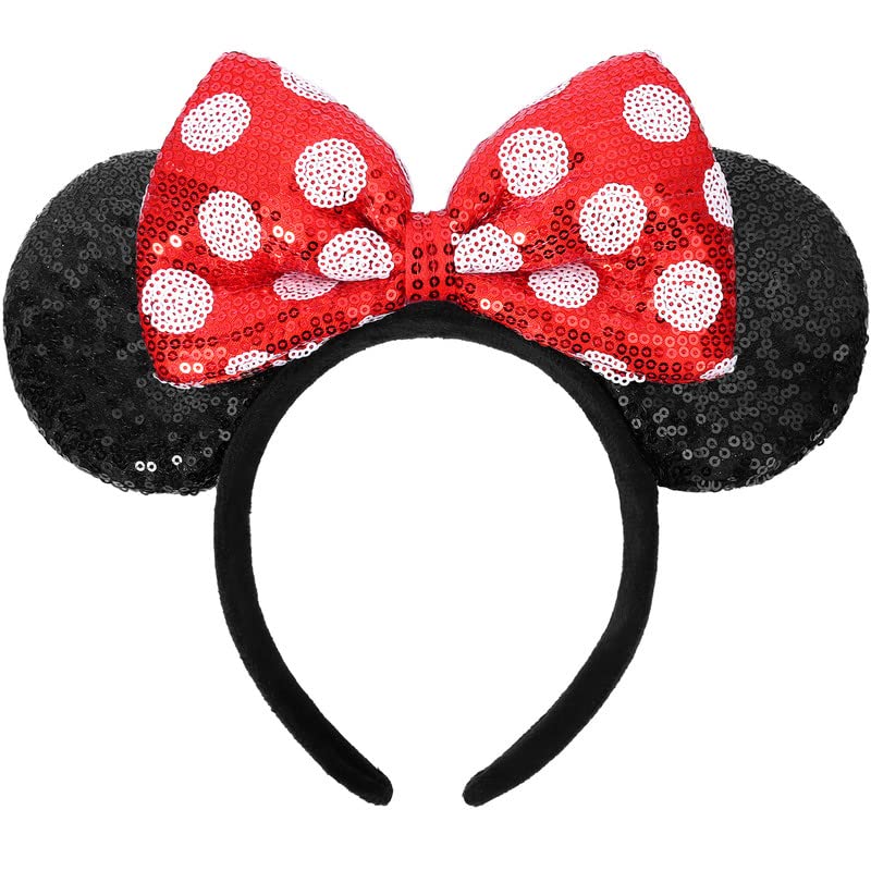 ETLUK Mouse Ears Headband, Mouse Ears Sequin Bow Headbands for Women Girls, Cosplay Accessories Party Decorations (Red)