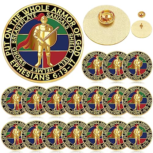 Therwen 16 Pcs Put on The Whole Armor Lapel Pins 1.18 Inch Gold Religious Brooches Christian Lapel Pins Bulk for Men Women(Classic Colors)