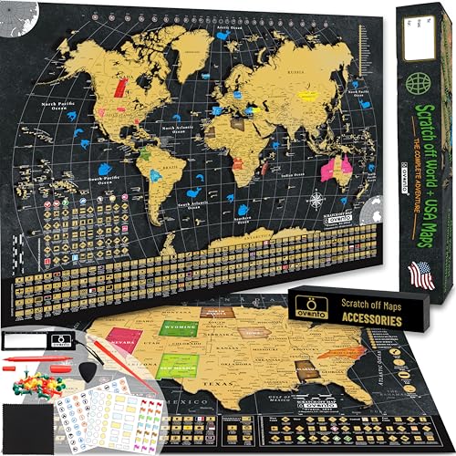 OVANTO Scratch Off World Map & US Map-Durable 17x24” United States Map & World Travel Map with Pins & Accessory Set–Easy to Scratch Off Maps with Colored Details in Name-Tagged Gift Box for Travelers