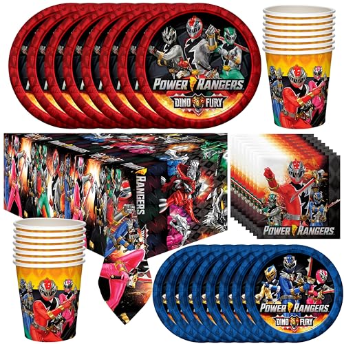 Treasures Gifted Power Rangers Birthday Party Supplies - Serves 16 Guests - Dinnerware Deluxe Set Officially Licensed Power Rangers Party Supplies - Power Rangers Table Cover, Napkins, Plates & Cups