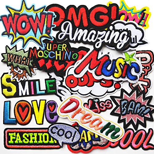 Mo Sheng Accessory 22pcs DIY Word Patches Embroidery Mix Patterns Iron On/Sew On Applique for Clothes Backpacks T-Shirt Jeans Skirt Vests Scarf Hat Bag (Style 10)