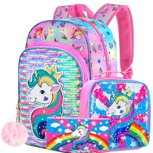 AGSDON 3PCS Unicorn Backpack for Girls, 16' Little Kids Sequin Preschool School Bookbag and Lunch Box