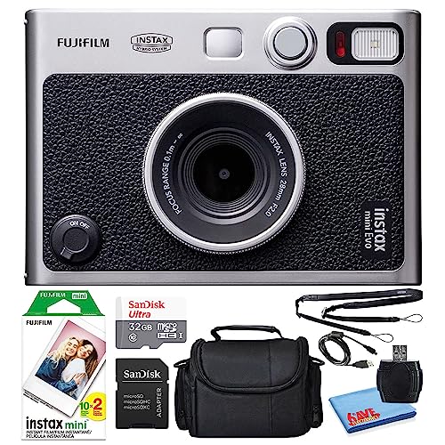 Fujifilm Instax Mini EVO Hybrid Instant Film Camera (Black) (16745183) Bundle with 20 Instant Film Sheets + 32GB Memory Card + Small Padded Case + SD Card Reader + Microfiber Cleaning Cloth