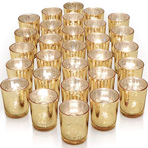 LETINE Gold Votive Candle Holders Set of 36 - Speckled Mercury Gold Glass Candle Holder Bulk - Ideal Candle Jars for Wedding Centerpiece Table Decorations,Valentines Day Decor