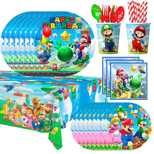 Fruitful Life Super Mario Birthday Party Supplies,161pcs Mario Party Decorations Tableware Set- Mario Plates and Napkins Cups & Super Mario Tablecloth etc Mario Bross Party Supply for Boys/Girls Kids