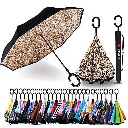 SIEPASA 40/49/56/62 Inch Inverted Reverse Upside Down Umbrella, Extra Large Double Canopy Vented Windproof Waterproof Stick Umbrellas with C-shape Handle.(Leopard, 49 Inch)