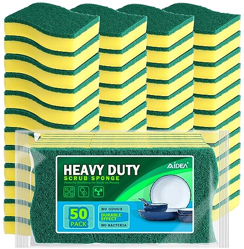 AIDEA Heavy Duty Scrub Sponge-50 Count, Cleaning Sponge, Kitchen Dish Sponge, Effortless Cleaning Eco Scrub Pads for Dishes,Pots,Pans All at Once