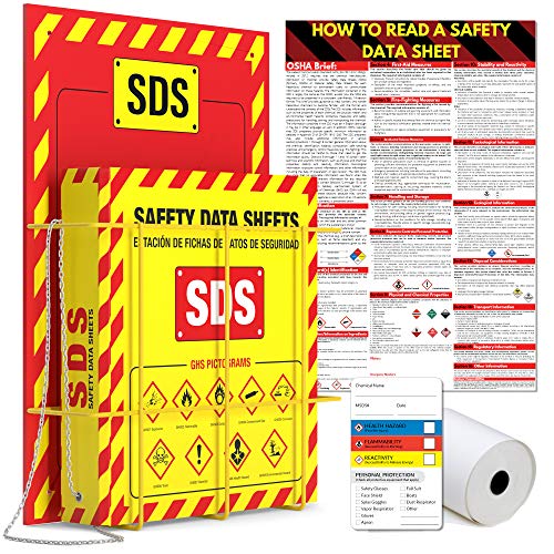 MSDS Wall Station - 3 Inch 3 Ring Material Safety Data Sheet Binder with SDS Wire Rack and Display Sign, Chain, Mounting Hardware, SDS Poster, MSDS Labels - Bilingual Heavy Duty OSHA Yellow Binder