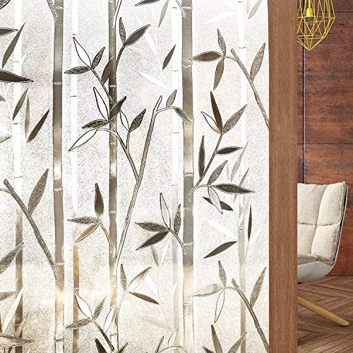 rabbitgoo Bamboo Window Film Stained Glass Window Privacy Films Frosted Window Covering Decorative Window Cling Non-Adhesive Removable Window Decal No Glue Window Sticker for Home 17.5 x 78.7 inches