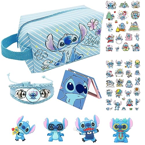 LOYEJEGL Stitch stuff Travel Cosmetic Bag，Large Capacity Cartoon Makeup Bag with A Makeup Mirror, A Bracelet, Two Stickers and Four Stitch 0rnaments,Birthday, Christmas Best Gifts for Girls, Women