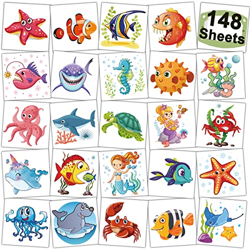 CHARLENT 148 PCS Ocean Animals Temporary Tattoos for Kids - Sea Creature Individual Tattoos for Boys Girls Ocean Birthday Party Favors Goodie Bag Fillers